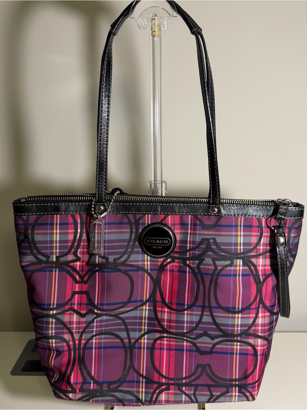 Coach Pink and Purple Plaid Signature Tote
